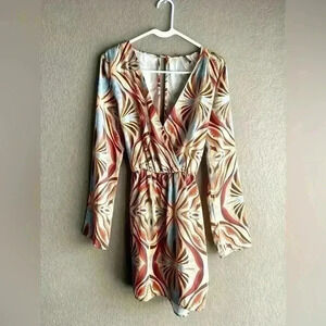 ZARA dress satin look brown beige blue mint yellow long sleeve wrap belt